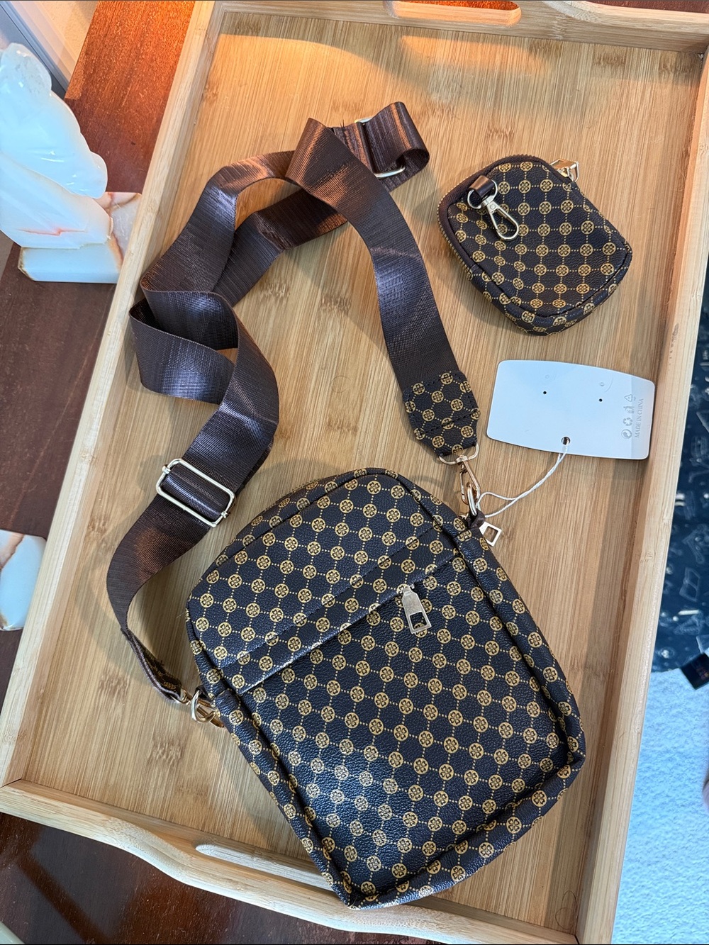 Designer-Inspired Brown & Gold Patterned Crossbody Bag with Coin Pouch